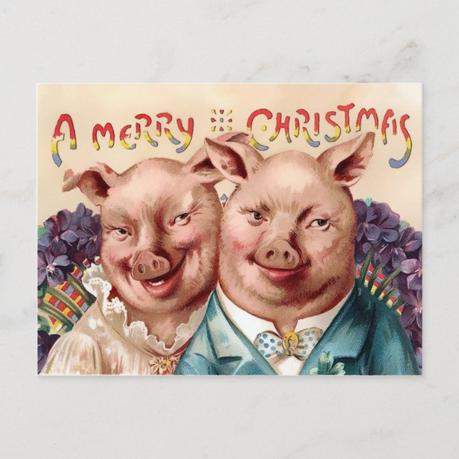 Carte Postale Noël vintage de Cochons victoriens (Devant)