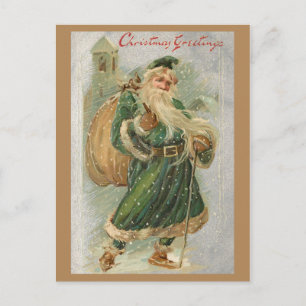Carte Postale Noël vintage du Père à Robes Vertes en Neige