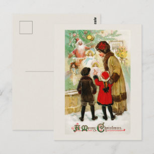 Carte Postale Noël Vintage Femme & enfants vitrine shopping