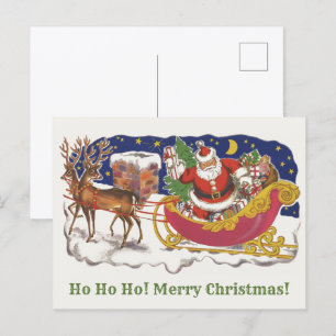 Carte Postale Noël vintage, joyeux Père Noël avec traîneau