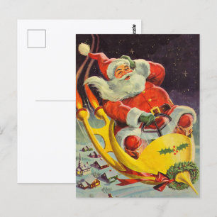 Carte Postale Noël vintage, le Père Noël dans un vaisseau spatia