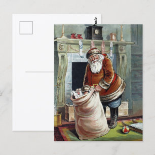 Carte Postale Noël vintage, Saint Nicolas au coin du feu
