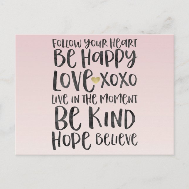Carte Postale Noir Aquarelle Mots Inspirationnels Gold Heart (Devant)