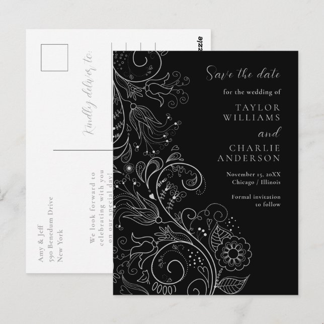 Carte Postale Noir Argent Élégant Mariage Floral Enregistrer La  (Devant / Derrière)
