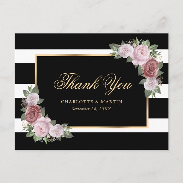 Carte Postale Noir Blanc Or Blush rose Merci Floral (Devant)