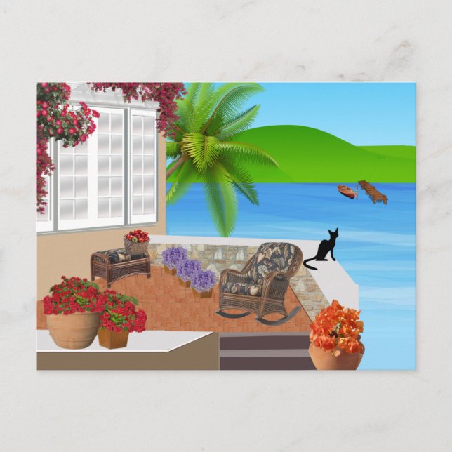 CARTE POSTALE NOIR CAT BEACH PATIO 002 HEUREUX VACANCES CONTEXTE (Devant)