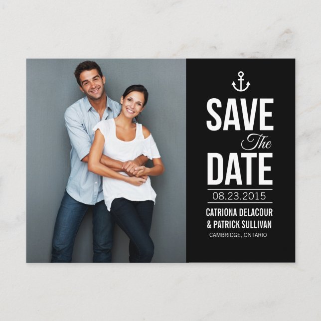 CARTE POSTALE NOIR ET BLANC NAUTIQUE SAVE THE DATE (Devant)