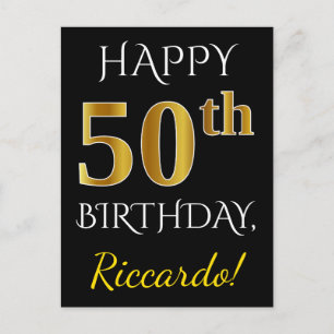 Carte Postale Noir, Faux Gold 50e anniversaire + Nom personnalis