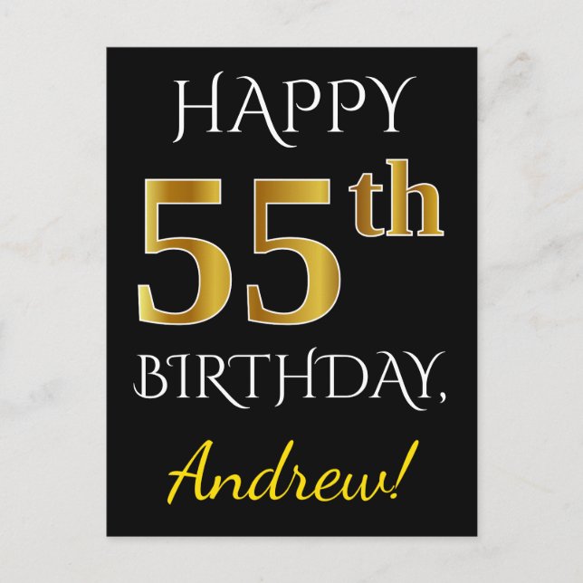 Carte Postale Noir, Faux Gold 55e anniversaire + Nom personnalis (Devant)