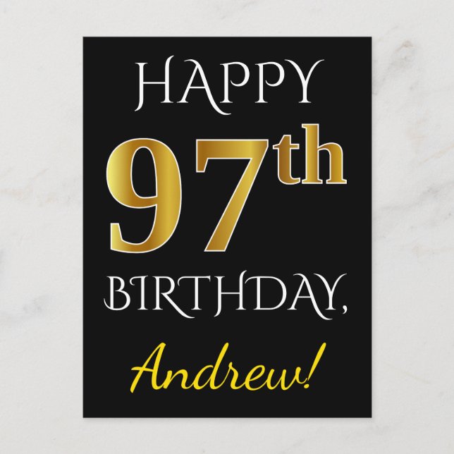 Carte Postale Noir, Faux Gold 97e anniversaire + Nom personnalis (Devant)