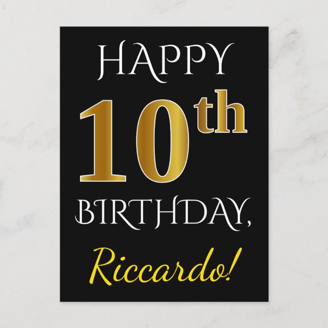 Carte Postale Noir, Faux Or 10e anniversaire + Nom personnalisé (Devant)