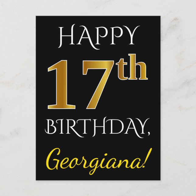 Carte Postale Noir, Faux Or 17ème anniversaire + Nom personnalis (Devant)