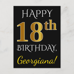 Carte Postale Noir, Faux Or 18ème anniversaire + Nom personnalis