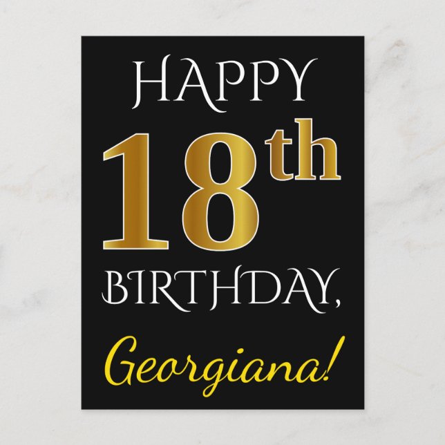 Carte Postale Noir, Faux Or 18ème anniversaire + Nom personnalis (Devant)
