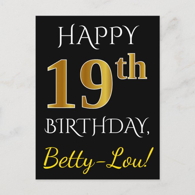 Carte Postale Noir, Faux Or 19e anniversaire + Nom personnalisé (Devant)