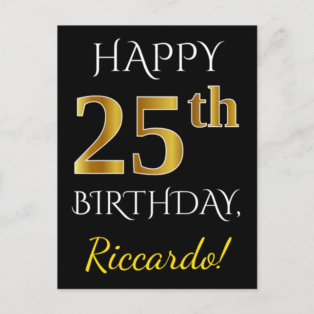 Carte Postale Noir, Faux Or 25e anniversaire + Nom personnalisé (Devant)