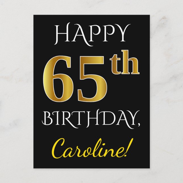 Carte Postale Noir, Faux Or 65e anniversaire + Nom personnalisé (Devant)