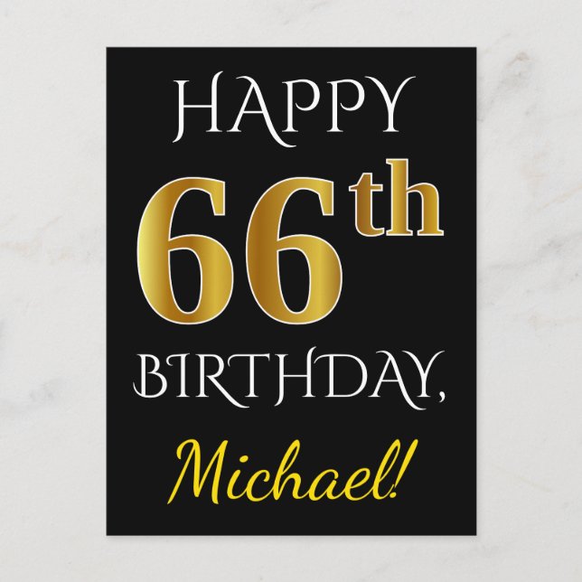 Carte Postale Noir, Faux Or 66e anniversaire + Nom personnalisé (Devant)