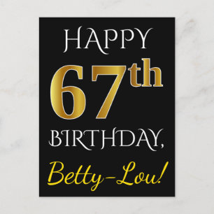 Carte Postale Noir, Faux Or 67e anniversaire + Nom personnalisé