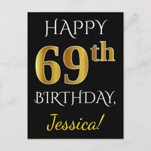 Carte Postale Noir, Faux Or 69e anniversaire + Nom personnalisé