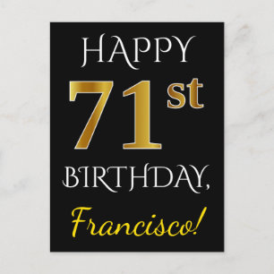 Carte Postale Noir, Faux Or 71e anniversaire + Nom personnalisé