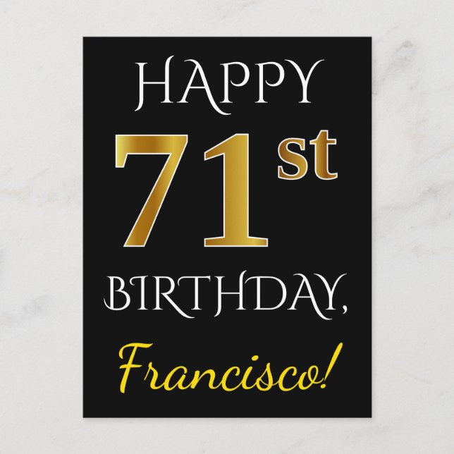 Carte Postale Noir, Faux Or 71e anniversaire + Nom personnalisé (Devant)