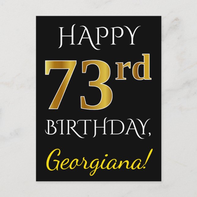 Carte Postale Noir, Faux Or 73ème anniversaire + Nom personnalis (Devant)