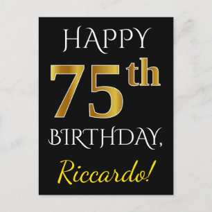 Carte Postale Noir, Faux Or 75e anniversaire + Nom personnalisé