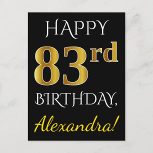 Carte Postale Noir, Faux Or 83ème anniversaire + Nom personnalis