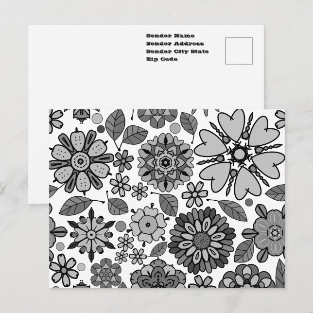 Carte Postale Noir gris blanc rétro Art Floral Motif sans coutur (Devant / Derrière)