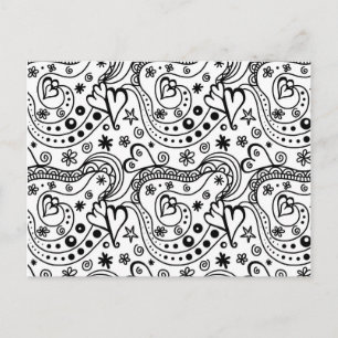 Carte Postale Noir moderne main blanche dessinée coeurs abstrait
