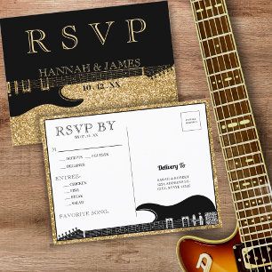 Carte Postale Noir & Or Parties scintillant Guitare Mariage RSVP