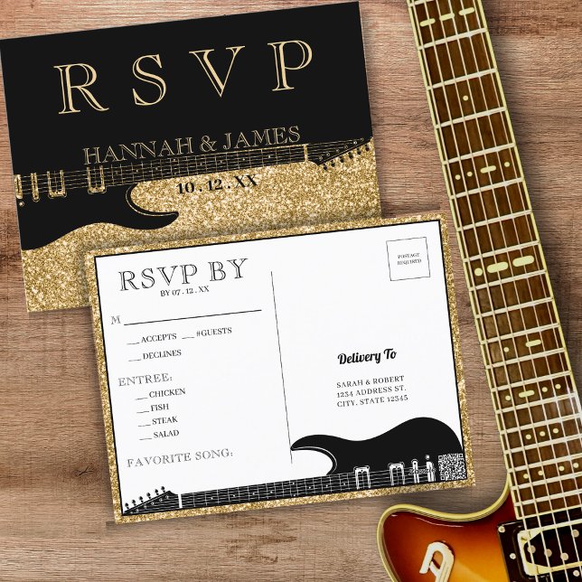 Carte Postale Noir & Or Parties scintillant Guitare Mariage RSVP (Black & Gold Glitter Guitar Wedding RSVP Postcard)