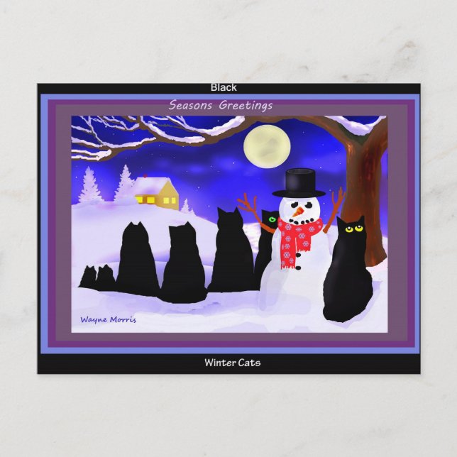 Carte postale noire de Noël de chats d'hiver (Devant)