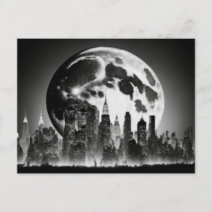 Carte postale noire et blanche d'une Pleine lune e