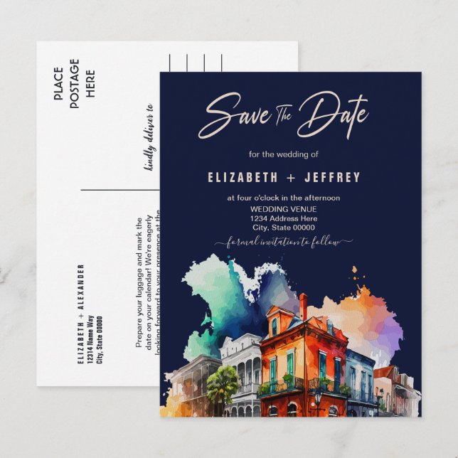 Carte Postale Nola Aquarelle Nouvelle Orléans Mariage Enregistre (Devant / Derrière)