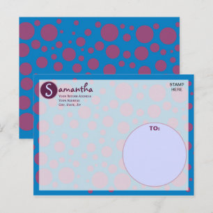 Carte Postale Nom initial Bleu violet Pois Lunes Cercles