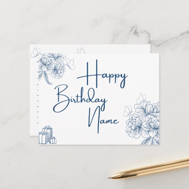 Carte Postale Nom personnalisé Message d'anniversaire - Floral & (Devant/Arrière en situation)