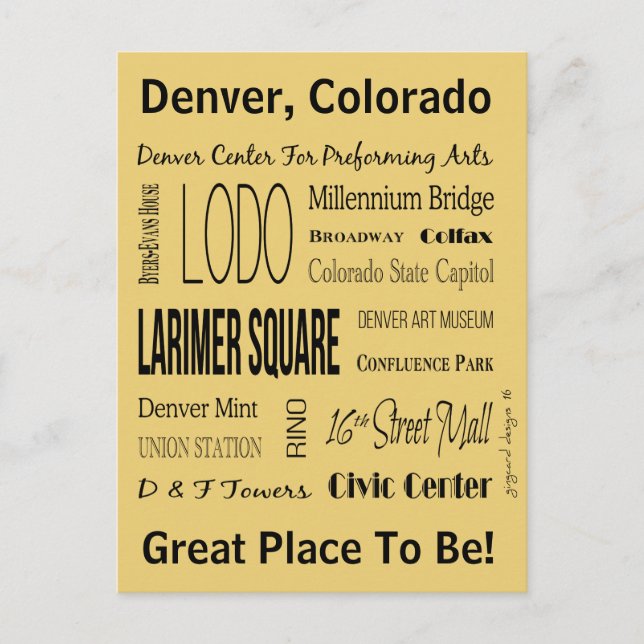 Carte Postale Noms Des Lieux Dans Le Centre-Ville De Denver, CO (Devant)