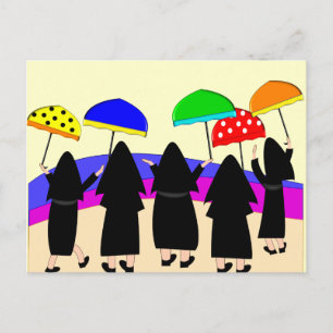 Carte Postale Nonnes avec des parapluies "attendant la pluie "