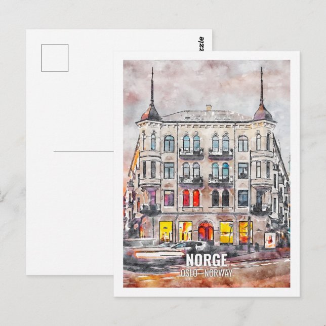 Carte Postale Norge Oslo Norvège Lieu de voyage célèbre aquarell (Devant / Derrière)