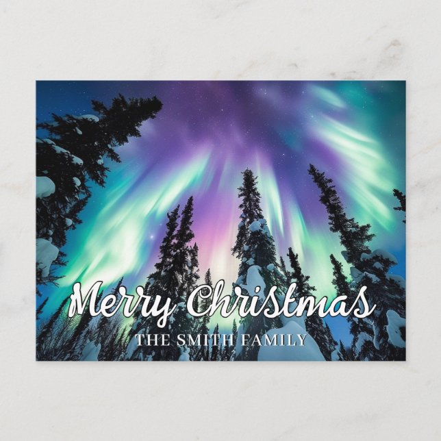 Carte Postale Northern Lights Winter Forest Joyeux Noël (Devant)