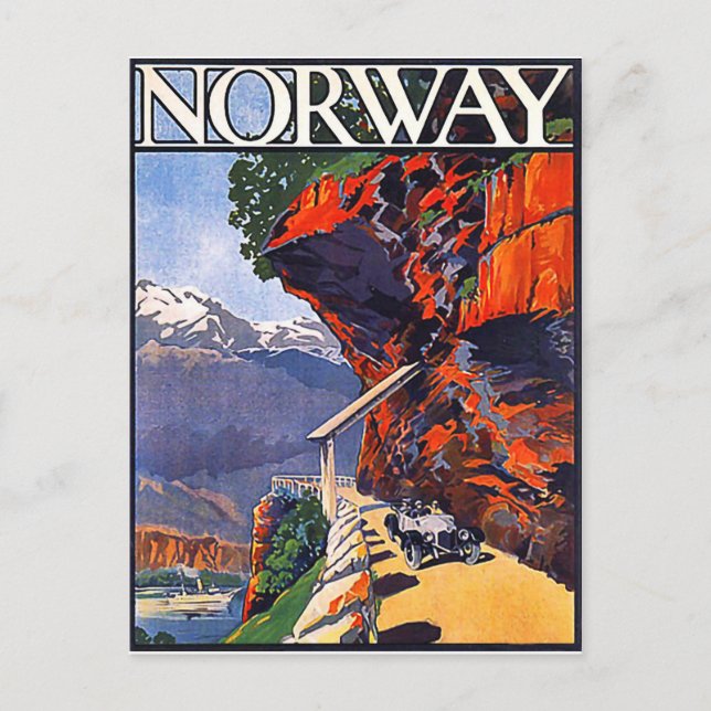 Carte Postale Norvège, vieille timer voiture sur la route de mon (Devant)
