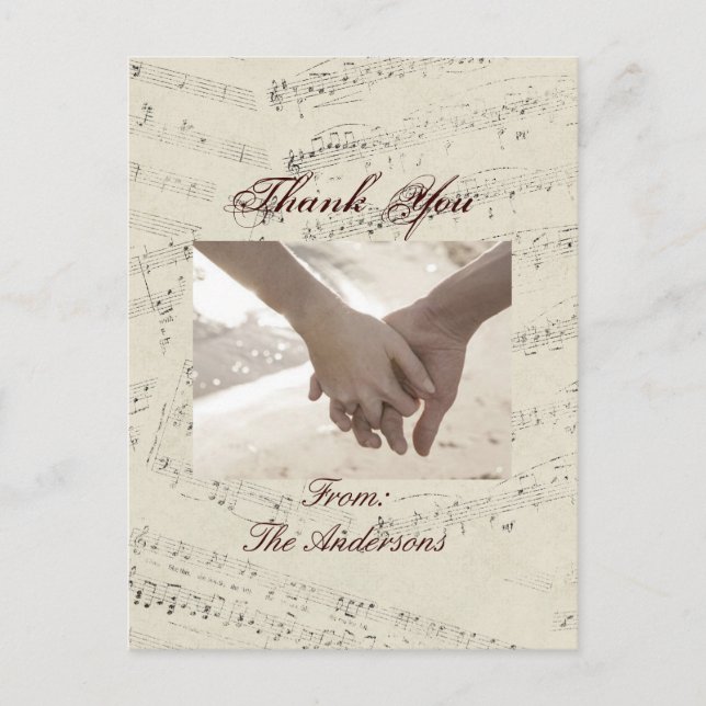 Carte Postale Notes de musique romantique moderne Mariage merci (Devant)