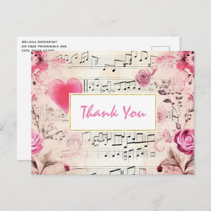 Carte Postale Notes musicales et Merci de design Vintage Rose