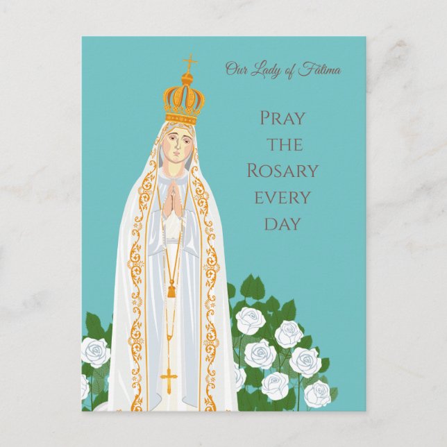 Carte Postale Notre-Dame de Fatima et roses blanches (Devant)