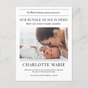 Carte Postale Notre Offre de Joie est ici, Faire-part de naissan