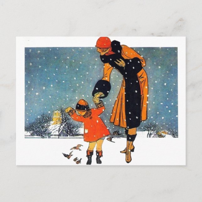 Carte Postale Nourrir les oiseaux dans la neige (Devant)