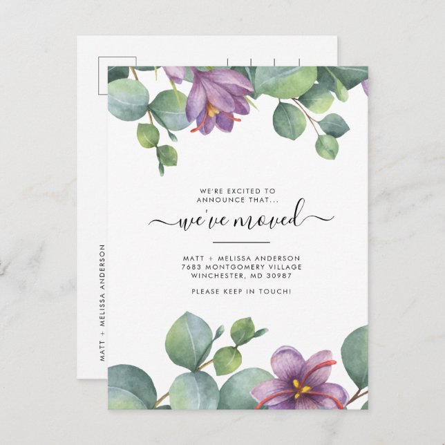 Carte Postale Nous avons déménagé Eucalyptus Greenery Violet Dém (Devant / Derrière)