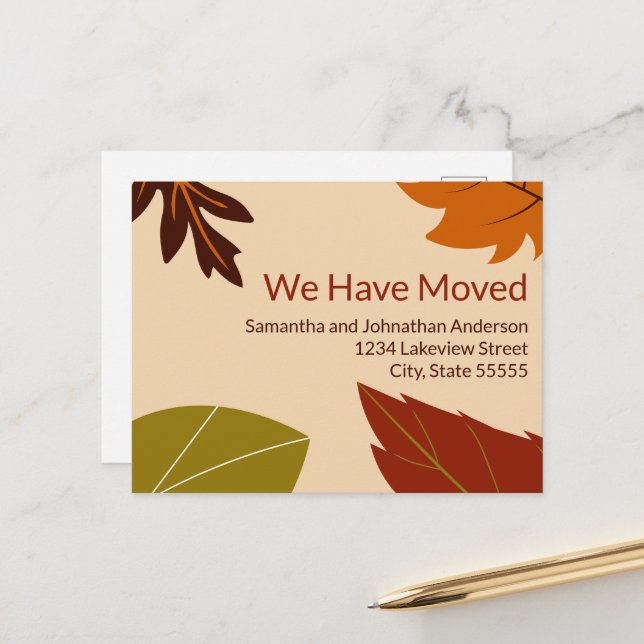 Carte Postale Nous Avons Déménagé Les Feuilles D'Automne En Mouv (Devant/Arrière en situation)
